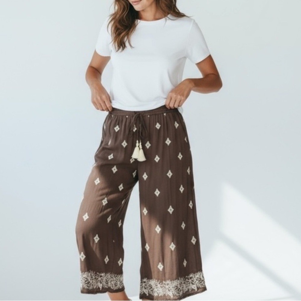 Sundance Le Meridien Brown Wide Leg Embroidered Palazzo Pants Pull on Medium P